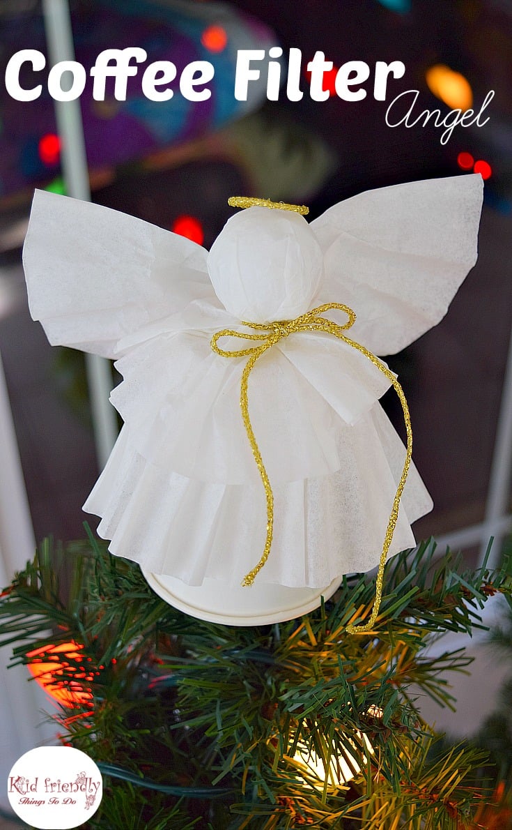 A Simple Coffee Filter Angel Christmas Tree Topper Craft for Kids to Make - Great Christmas decoration, and ornament. www.kidfriendlythingstodo.com