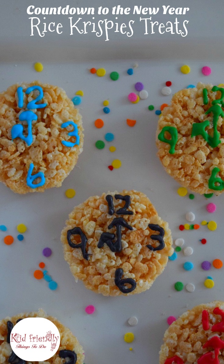 Fun Countdown to the New Year Rice Krispies Treats for a fun New Year's Eve food for the kids and you to enjoy! www.kidfriendlythingstodo.com