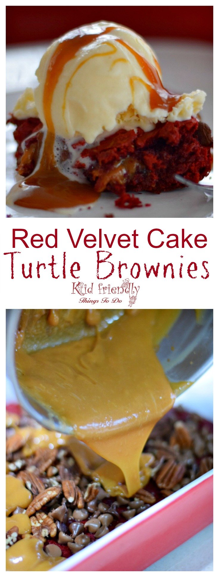 Red Velvet Cake Turtle Brownie Recipe with Red Velvet Cake Box Mix - Oozing Caramel, Easy and delicious! www.kidfriendlythingstodo.com