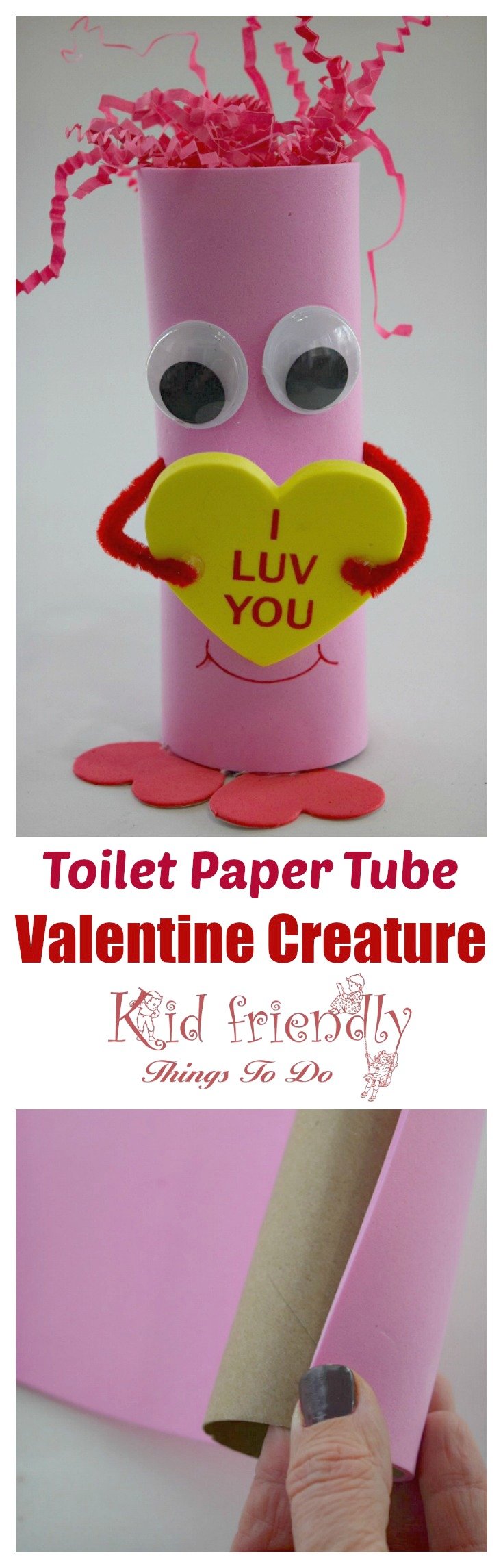 So cute! Look at this easy and adorable Valentine Creature! Perfect for preschool kids and elementary school Valentine's Day party craft. You can get everything at the Dollar Store! www.kidfriendlythingstodo.com