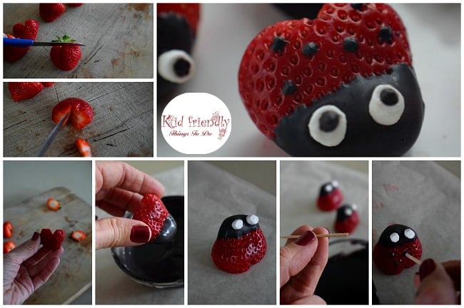 Heart shaped Chocolate Covered Strawberry Ladybugs 