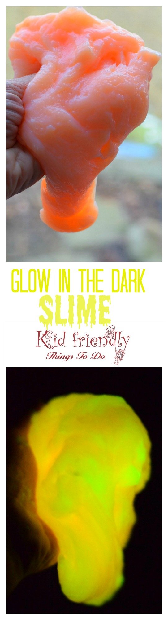 How to make Easy Glow in the dark slime with 4 ingredients! So much fun to do with the kids. You can substitute liquid starch if you don't want borax. www.kidfriendlythingstodo.com