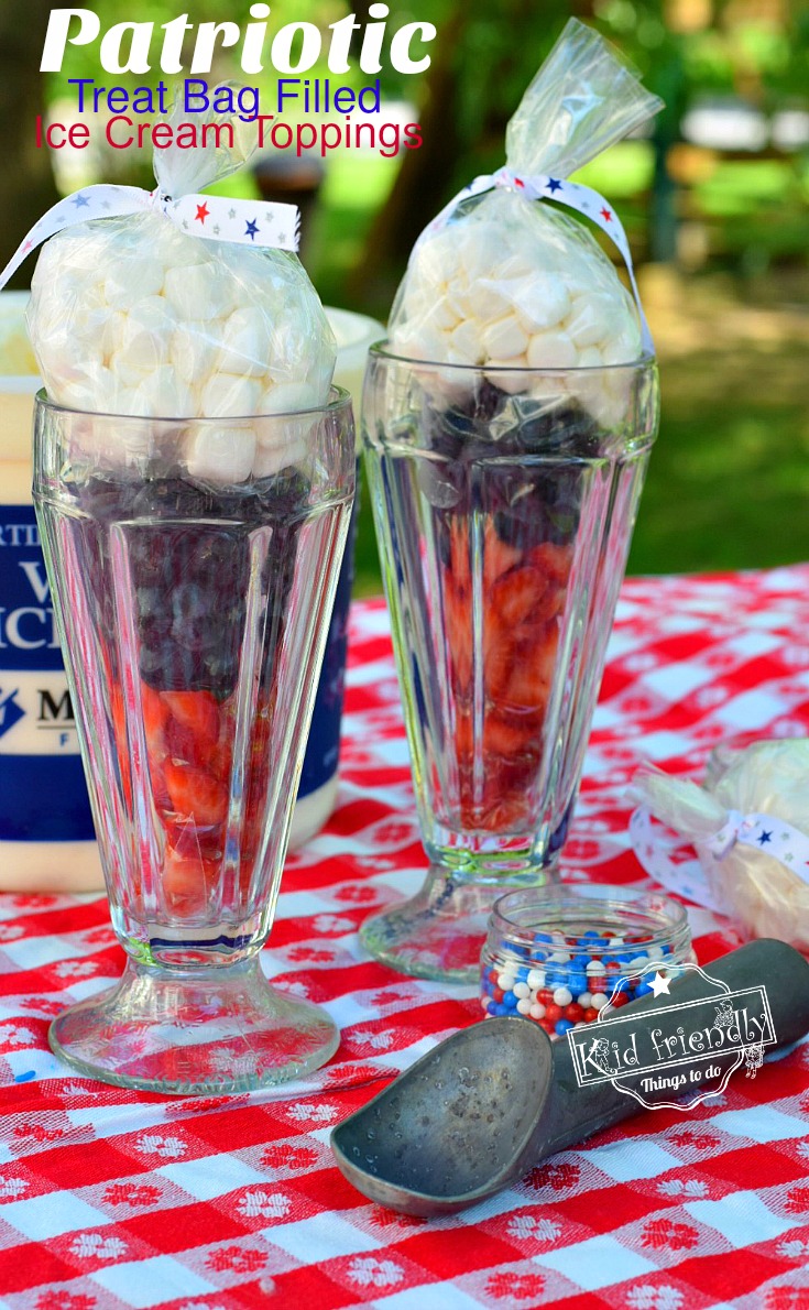 Patriotic Treat Bags Filled with Red, White and Blue Ice Cream Toppings - Patriotic Ice Cream Fun and easy. They like an Ice Cream Cone! summer in a bag. Easy and Fun for ice cream or just a snack recipe! www.kidfriendlythingstodo.com