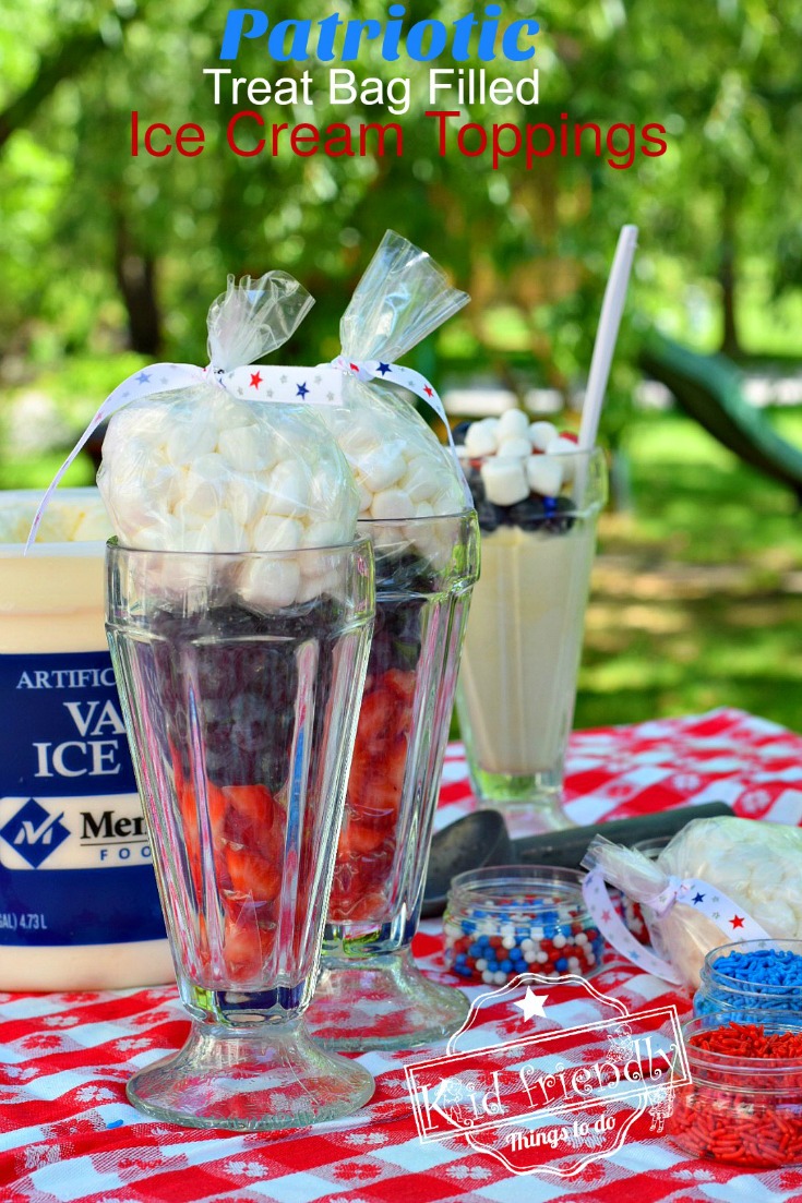Patriotic Treat Bags Filled with Red, White and Blue Ice Cream Toppings - Patriotic Ice Cream Fun and easy. They like an Ice Cream Cone! summer in a bag. Easy and Fun for ice cream or just a snack recipe! www.kidfriendlythingstodo.com