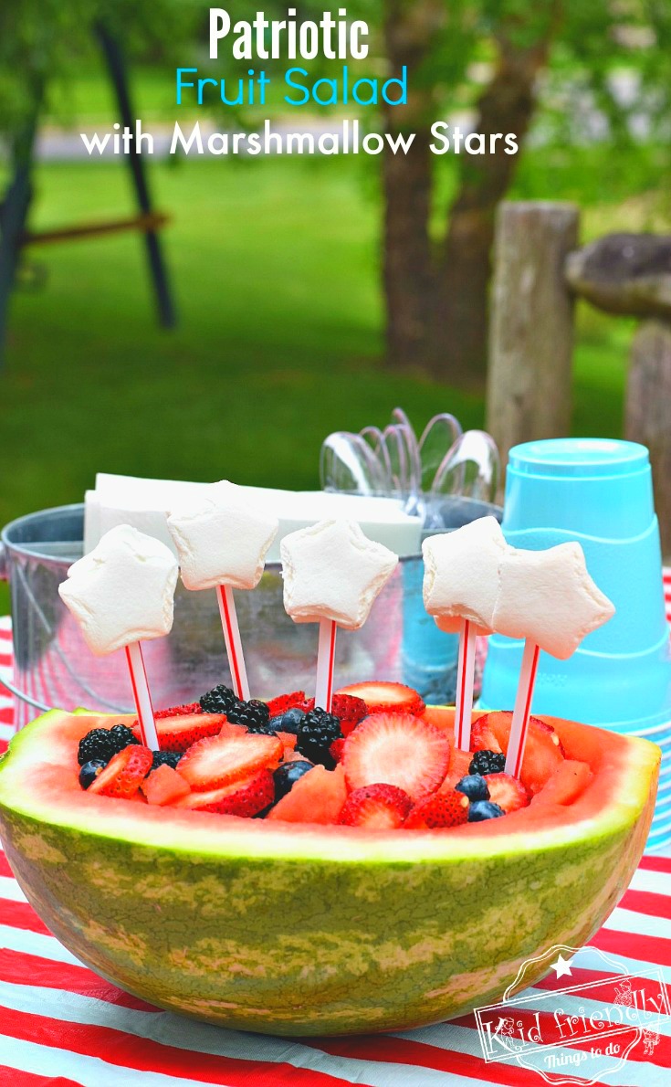 Red, White and Blue Easy to make Patriotic Fruit Salad in a watermelon bowl. Great fun treat for the kids on Memorial Day, Labor Day, Fourth of July or summer picnic parties! www.kidfriendlythingstodo.com