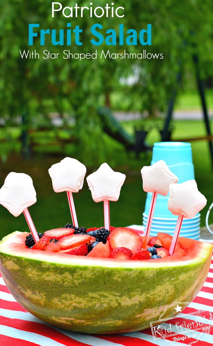 Red, White and Blue Easy to make Patriotic Fruit Salad in a watermelon bowl. Great fun treat for the kids on Memorial Day, Labor Day, Fourth of July or summer picnic parties! www.kidfriendlythingstodo.com