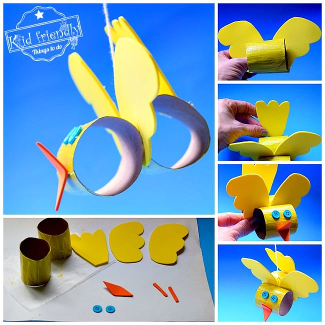 Make a Cute Toilet Paper Tube Bird Craft with Kids - Easy to Make - What a cute craft for spring and summer. Make with preschool or older kids! Hang up for a sweet decoration. Make a Cute Toilet Paper Tube Bird Craft with Kids - Easy to Make - www.kidfriendlythingstodo.com