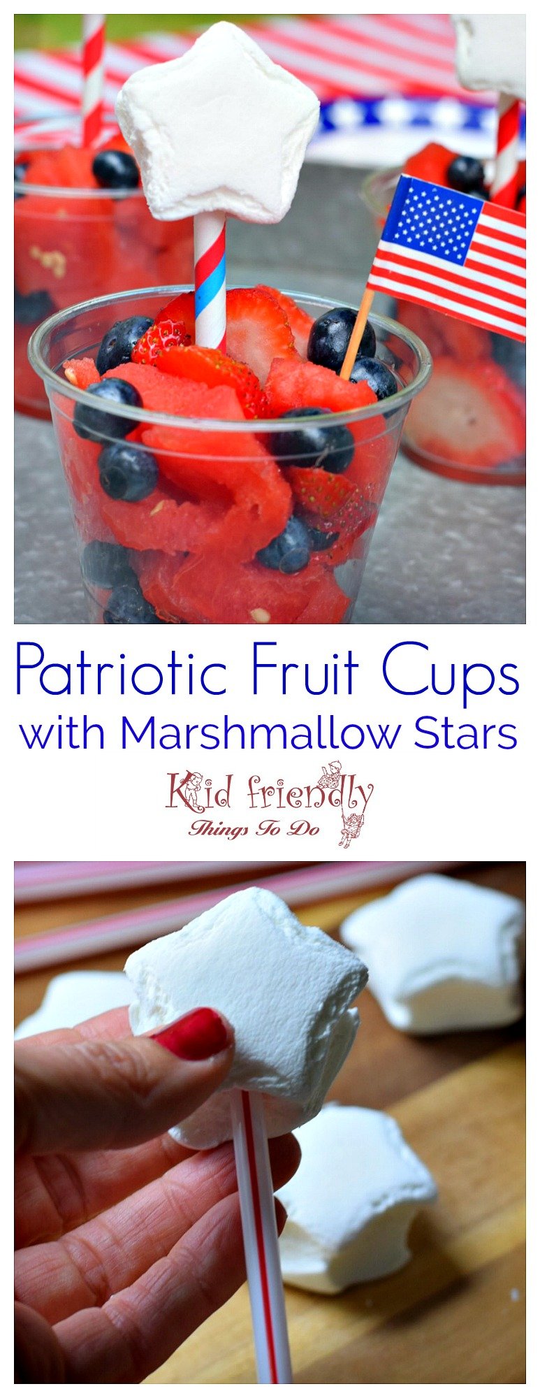 Red, White and Blue Easy to make Patriotic Fruit Salad in a watermelon bowl or cup. Great fun treat for the kids on Memorial Day, Labor Day, Fourth of July or summer picnic parties! www.kidfriendlythingstodo.com