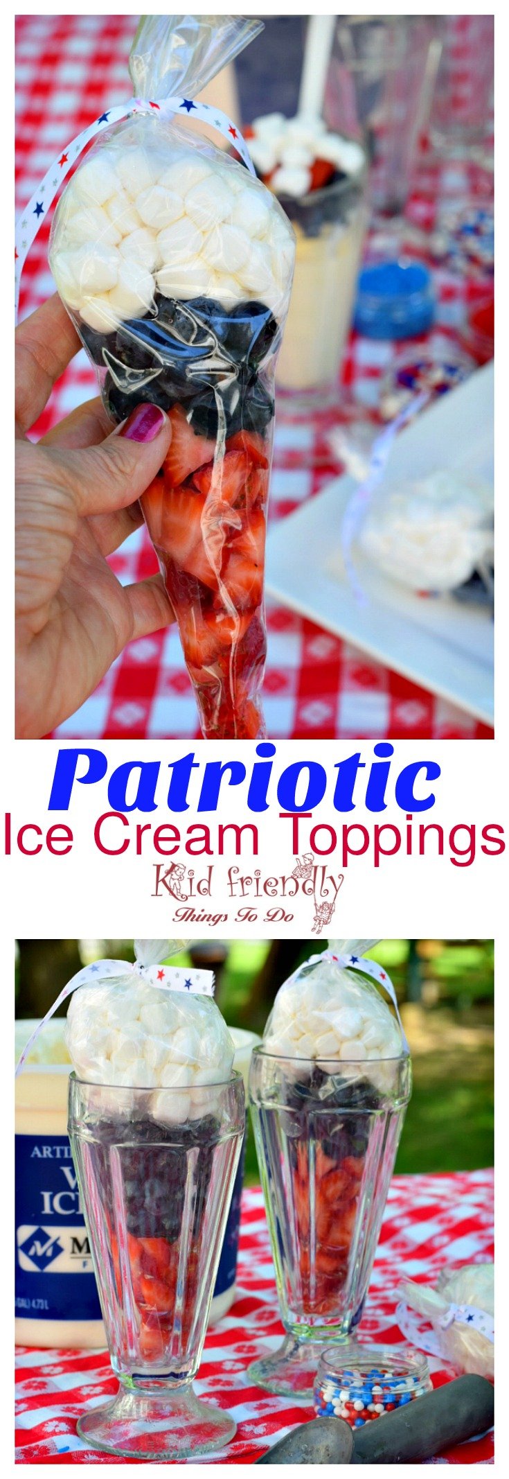 Patriotic Treat Bags Filled with Red, White and Blue Ice Cream Toppings - Patriotic Ice Cream Fun and easy. They like an Ice Cream Cone! summer in a bag. Easy and Fun for ice cream or just a snack recipe! www.kidfriendlythingstodo.com