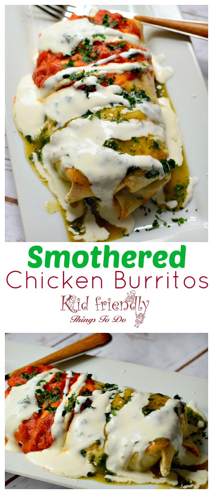 Easy Baked Smothered Chicken with Rice and Avocado Burrito Recipe - Perfect for family dinner or cinco de mayo mexican dinner - www.kidfriendlythingstodo.com