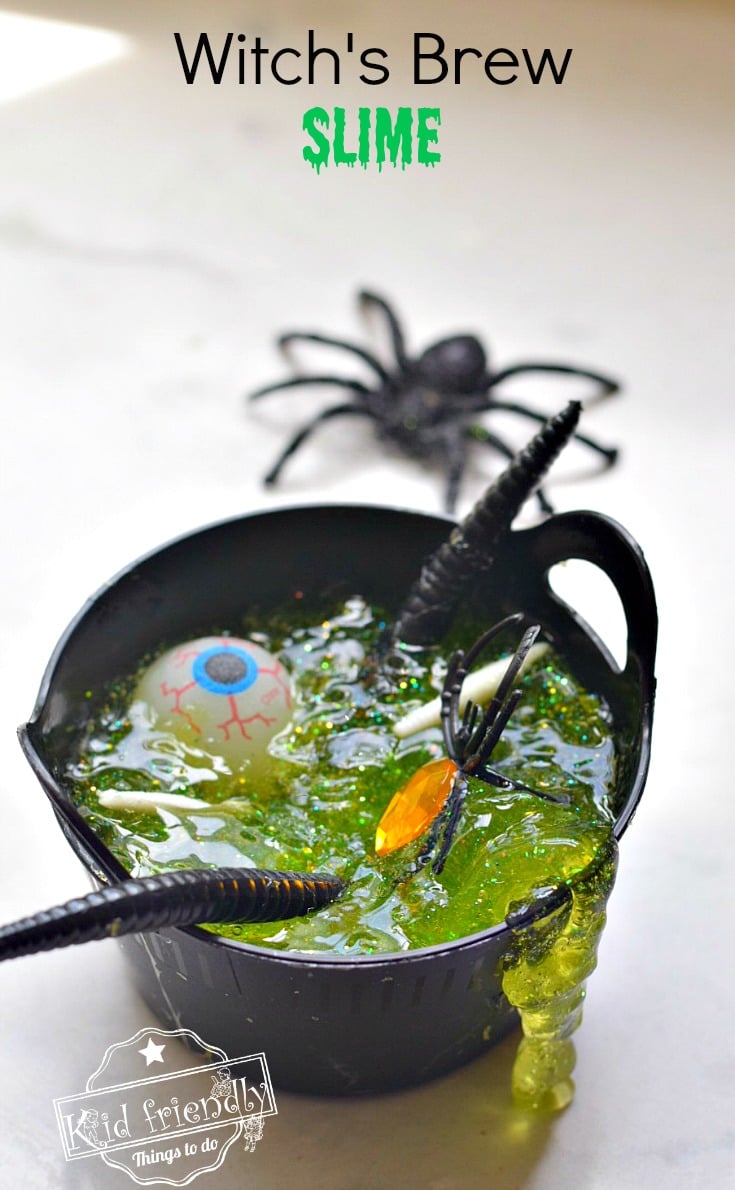 Witch's Brew Glitter Slime Recipe for a Fun Halloween Activity with Kids and Teenagers - fun craft and a great party gift - www.kidfriendlythingstodo.com