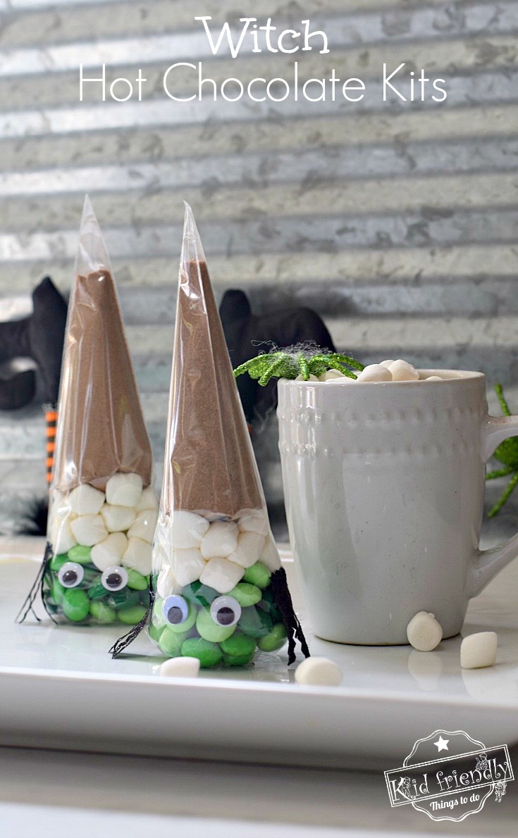 Fun and Easy Witch Hot Chocolate Kit Idea for a Kid's Halloween Party - So cute! perfect for fall school party fun food idea or treat at home with the kids - www.kidfriendlythingstodo.com