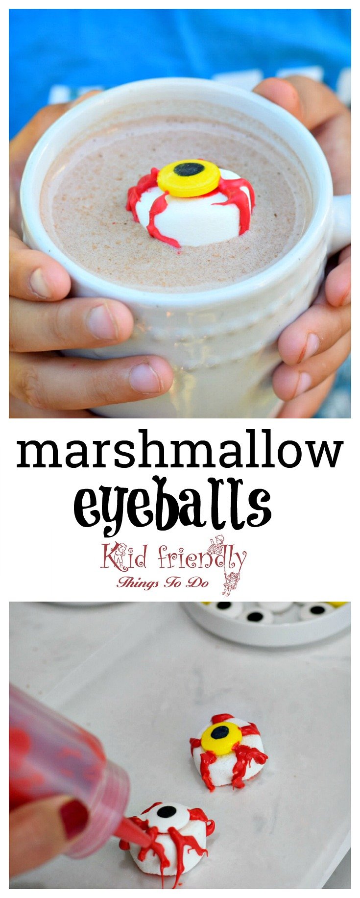 Spooky Marshmallow Eyeball for a Kid's Halloween Fun Hot Chocolate Treat - easy to make and so fun. Fall drink idea. www.kidfriendlythingstodo.com