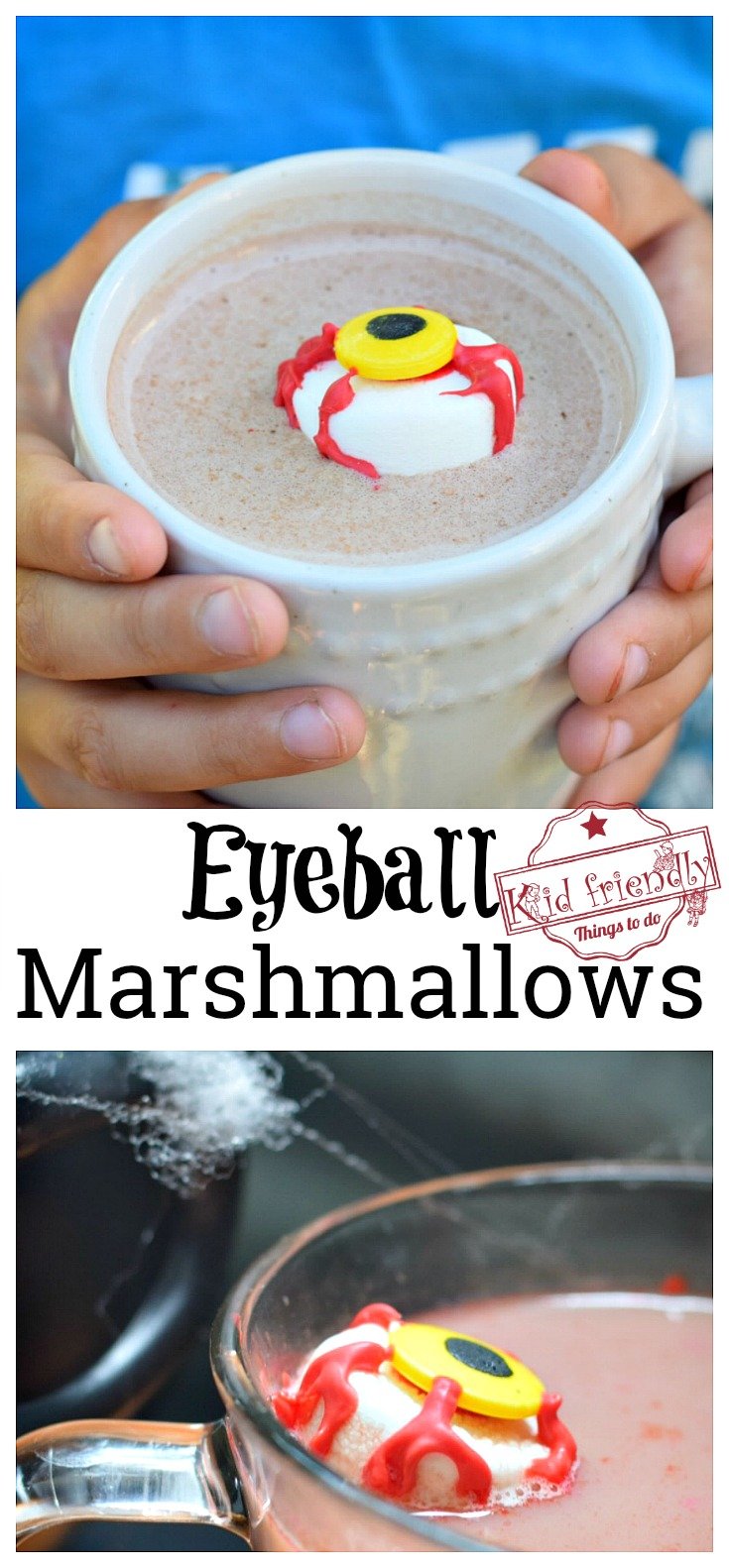 Spooky Marshmallow Eyeball for a Kid's Halloween Fun Hot Chocolate Treat - easy to make and so fun. Fall drink idea. www.kidfriendlythingstodo.com