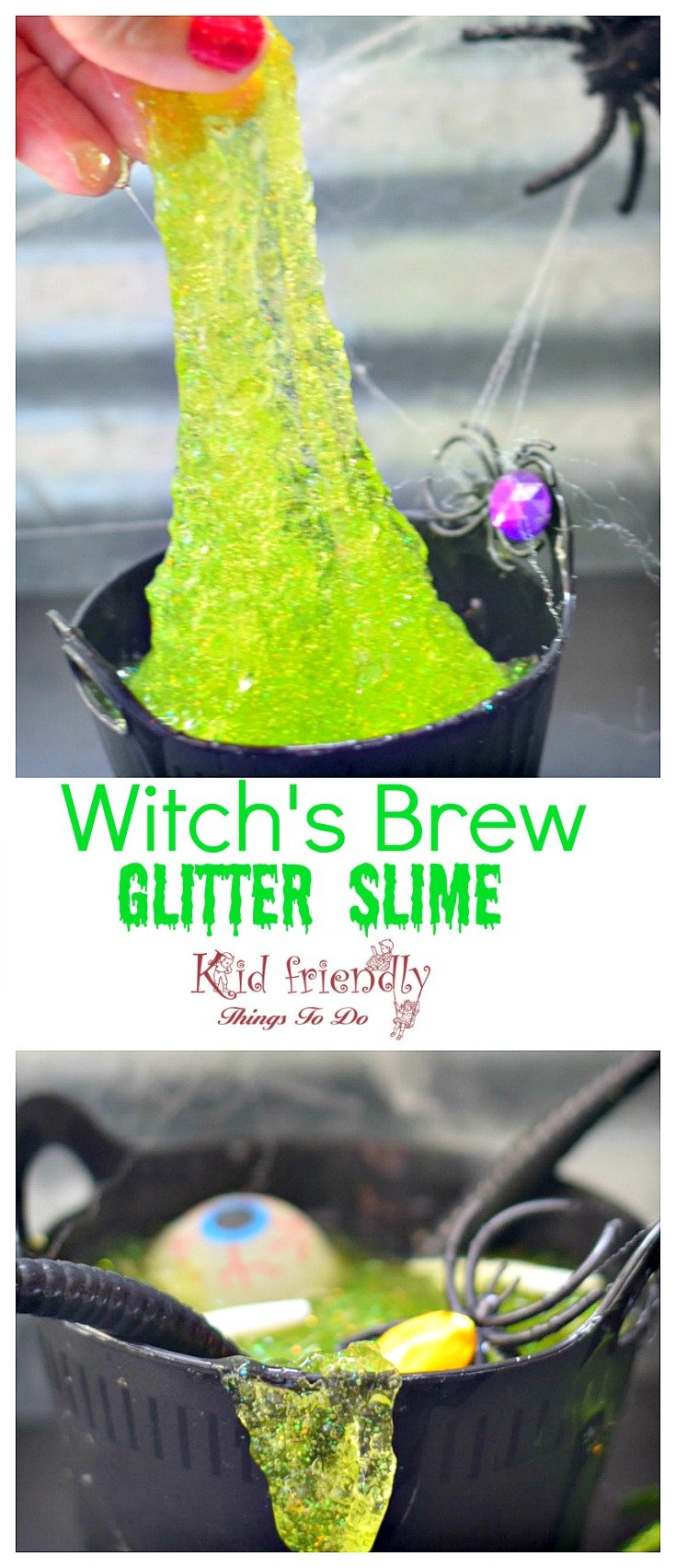 Witch's Brew Glitter Slime Recipe for a Fun Halloween Activity with Kids and Teenagers - fun craft and a great party gift - www.kidfriendlythingstodo.com