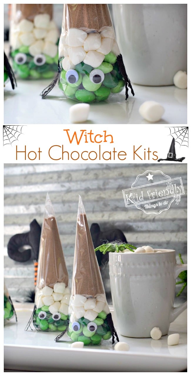 Fun and Easy Witch Hot Chocolate Kit Idea for a Kid's Halloween Party - So cute! perfect for fall school party fun food idea or treat at home with the kids - www.kidfriendlythingstodo.com