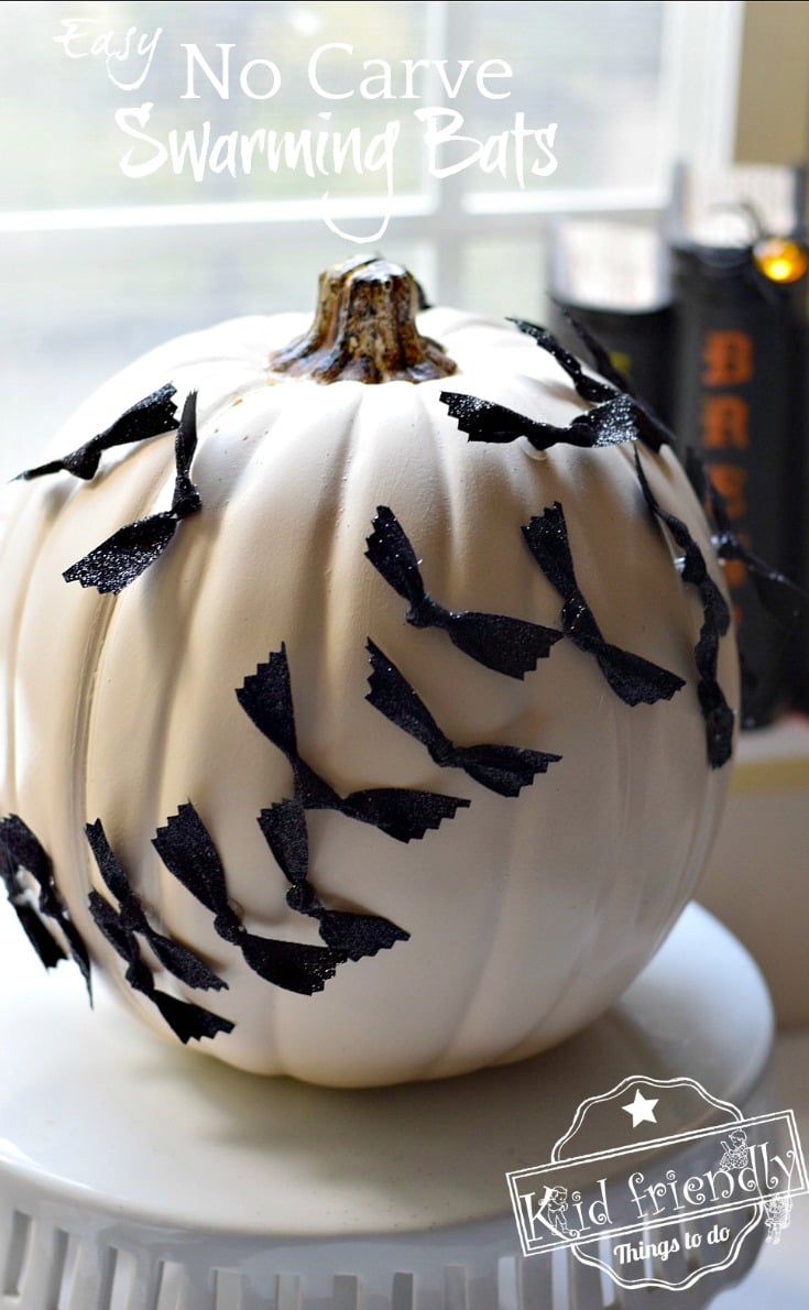 Easy No Carve Pumpkin Idea for Kids to Decorate at Halloween - Bats Swarming over the Moon! beautiful pumpkin for Halloween - www.kidfriendlythingstodo.com