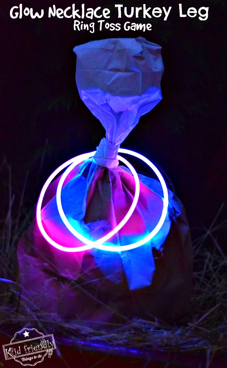 Turkey Leg Ring Toss Thanksgiving Game for Kids and Family - Use glow in the dark necklaces for night time fun! Perfect for preschool and elementary school parties. It's so easy to make and fun for everyone! fall and harvest party idea - www.kidfriendlythingstodo.com