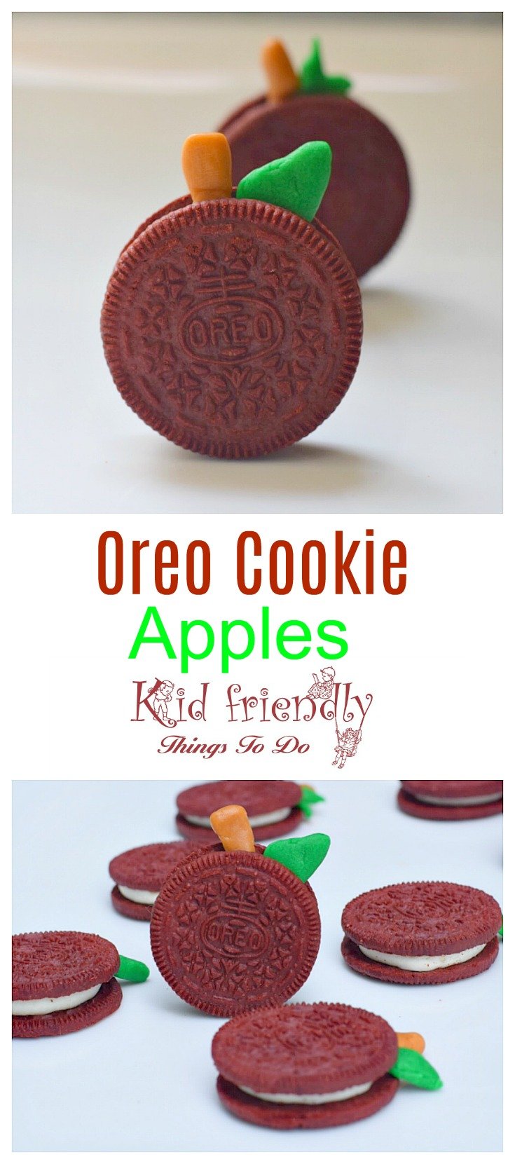 Make a Simple and Fun Apple Food Craft Treat from an Oreo Cookie - Perfect for a fall harvest party! www.kidfriendlythingstodo.com