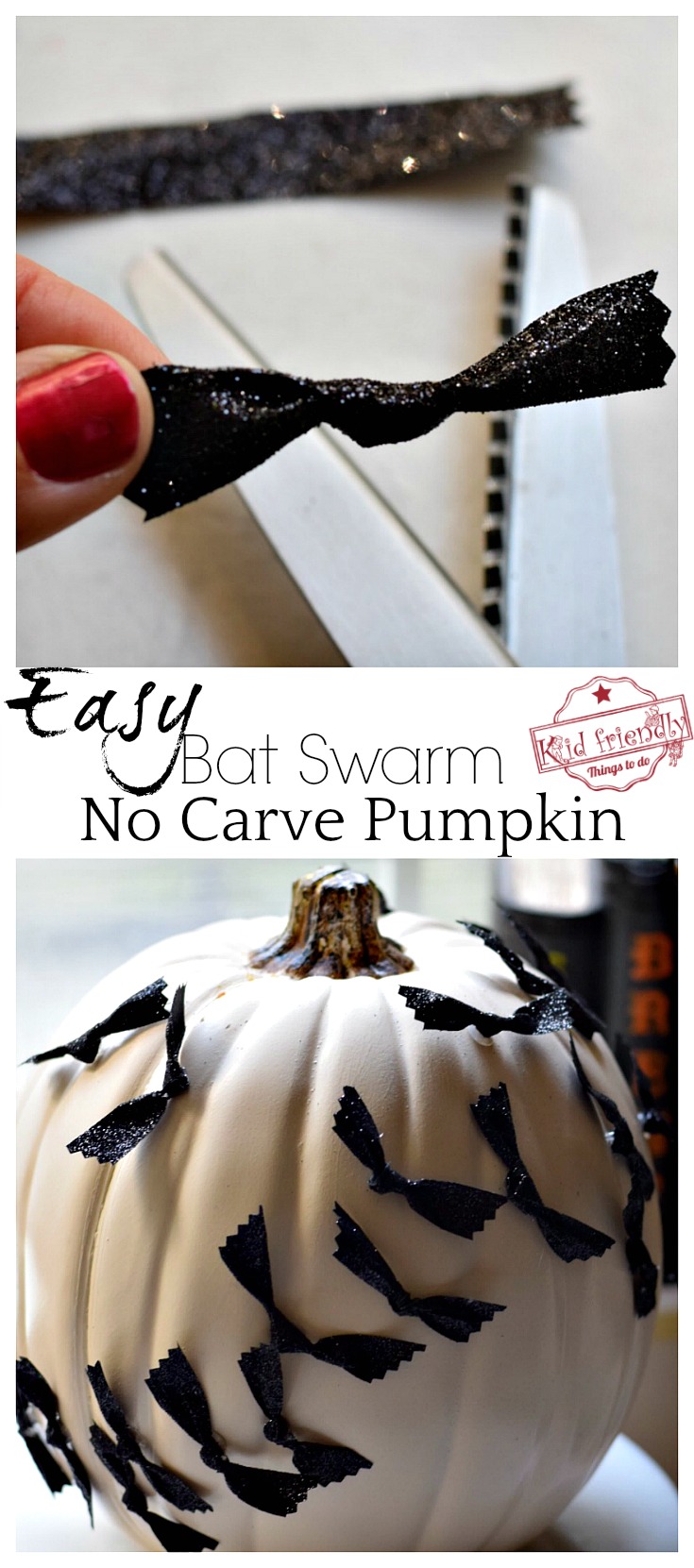 Easy No Carve Pumpkin Idea for Kids to Decorate at Halloween - Bats Swarming over the Moon! beautiful pumpkin for Halloween - www.kidfriendlythingstodo.com