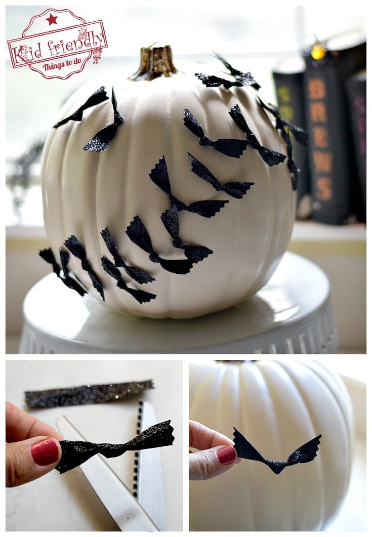 Easy No Carve Pumpkin Idea for Kids to Decorate at Halloween - Bats Swarming over the Moon! beautiful pumpkin for Halloween - www.kidfriendlythingstodo.com