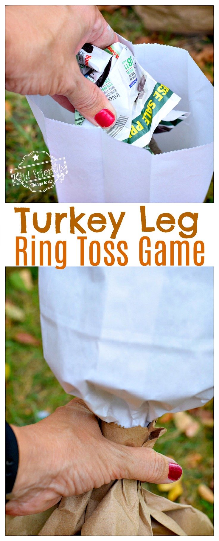 Turkey Leg Ring Toss Thanksgiving Game for Kids and Family - Use glow in the dark necklaces for night time fun! Perfect for preschool and elementary school parties. It's so easy to make and fun for everyone! fall and harvest party idea - www.kidfriendlythingstodo.com