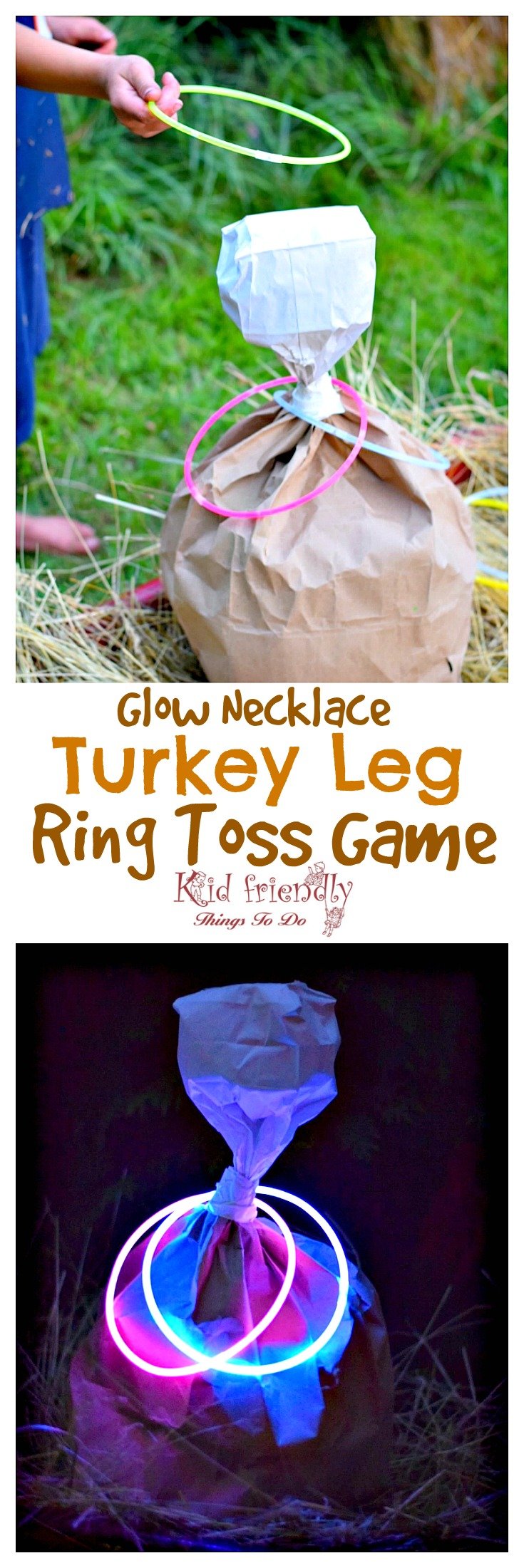 Turkey Leg Ring Toss Thanksgiving Game for Kids and Family - Use glow in the dark necklaces for night time fun! Perfect for preschool and elementary school parties. It's so easy to make and fun for everyone! fall and harvest party idea - www.kidfriendlythingstodo.com