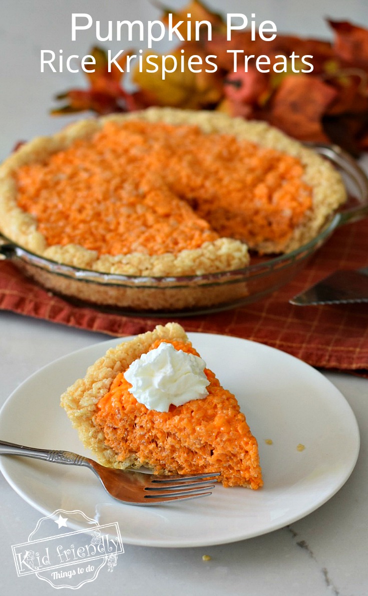 Make Fun and Easy Pumpkin Pie Rice Krispies Treats this Fall or Thanksgiving for the kids! Surprise everyone with this adorable dessert recipe. This is so much fun and delicious too! DIY - www.kidfriendlythingstodo.com