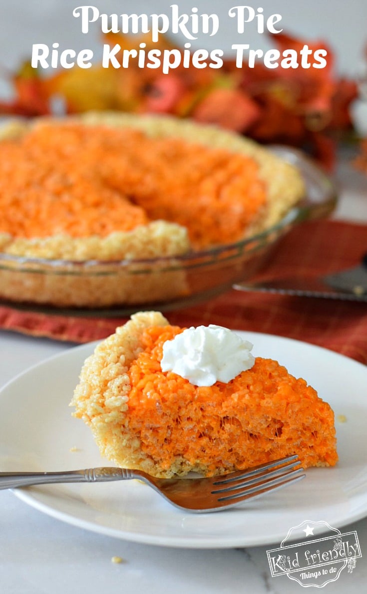 Make Fun and Easy Pumpkin Pie Rice Krispies Treats this Fall or Thanksgiving for the kids! Surprise everyone with this adorable dessert recipe. This is so much fun and delicious too! DIY - www.kidfriendlythingstodo.com