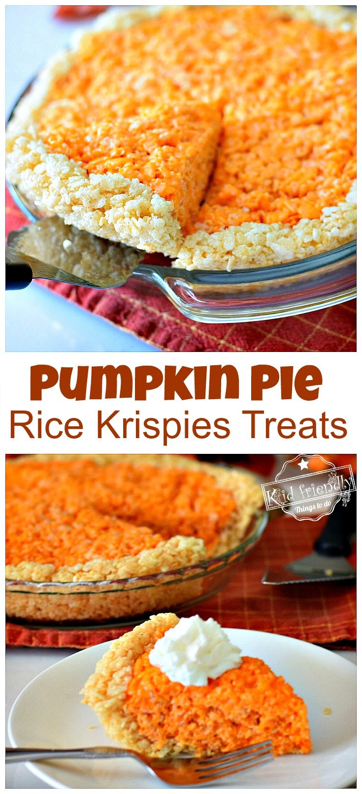 Make Fun and Easy Pumpkin Pie Rice Krispies Treats this Fall or Thanksgiving for the kids! Surprise everyone with this adorable dessert recipe. This is so much fun and delicious too! DIY - www.kidfriendlythingstodo.com