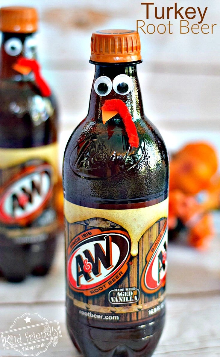 Fun Turkey Root Beer Thanksgiving Drink - Cute Fun Food Craft for the Table - fun for kids, teens and adults. - www.kidfriendlythingstodo.com
