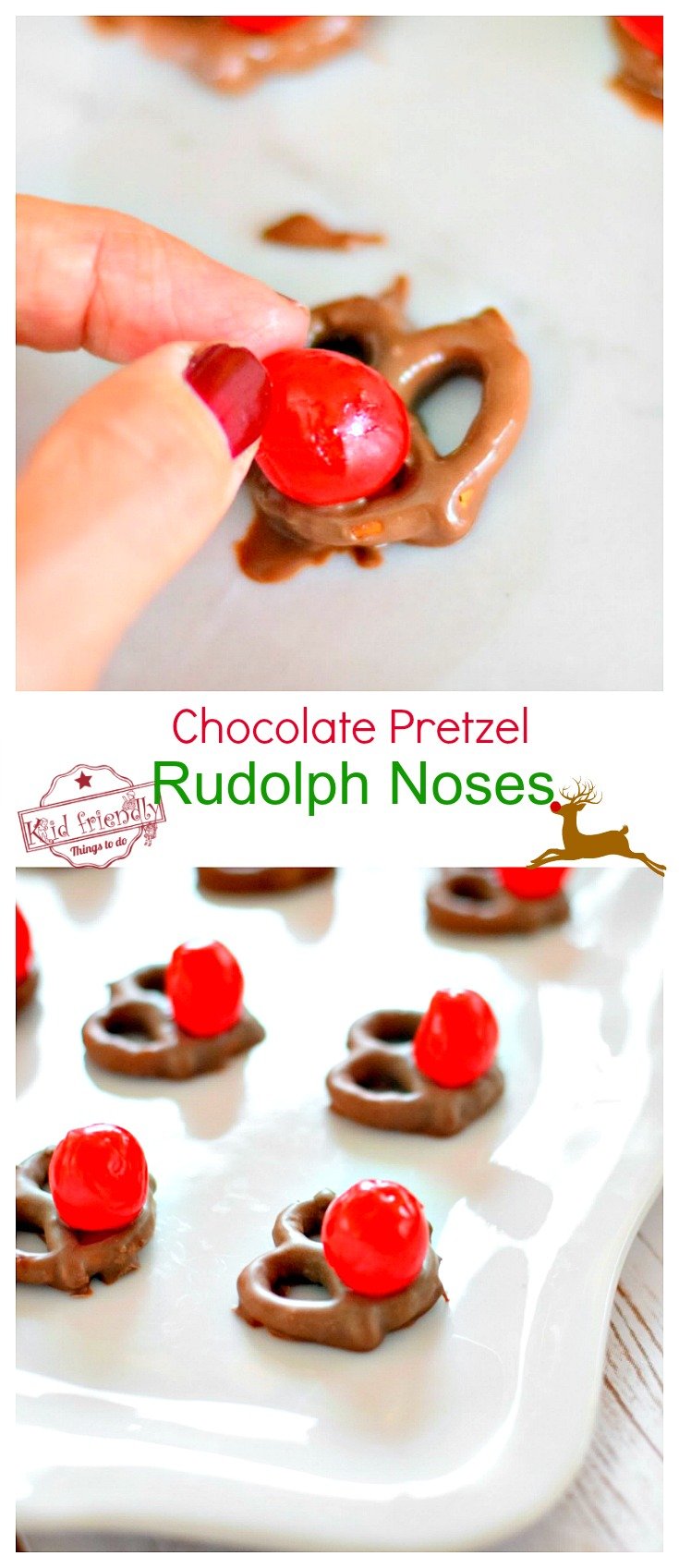 These Chocolate Pretzel Rudolph Noses for a Fun Christmas Food Craft Treat - perfect for holiday parties and kids - www.kidfriendlythingstodo.com