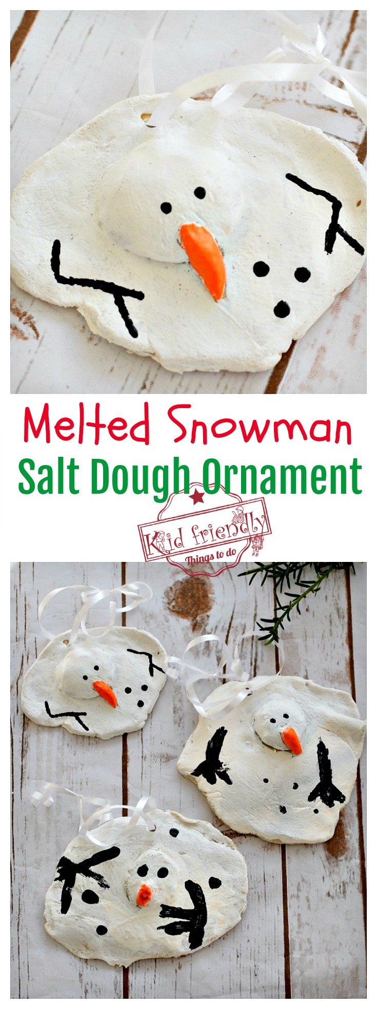 A DIY Melted Snowman and Candy Cane Salt Dough Ornament Idea and Recipe for Christmas with Kids, teens and adults - www.kidfriendlythingstodo.com