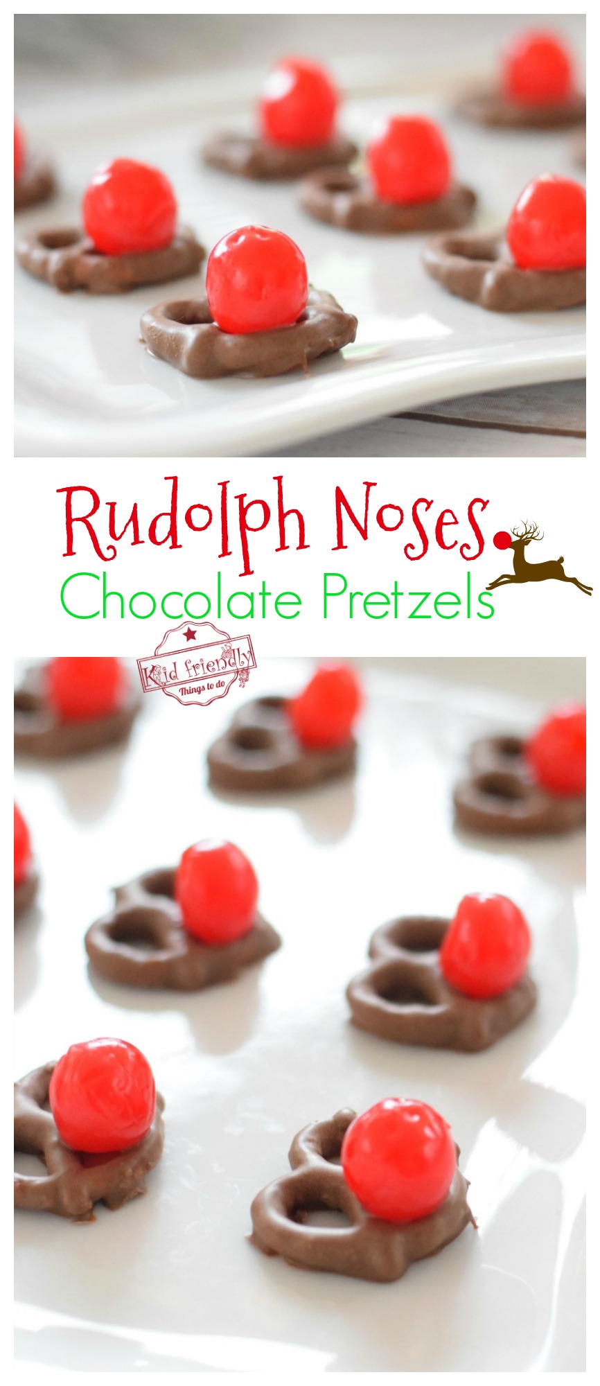 These Chocolate Pretzel Rudolph Noses for a Fun Christmas Food Craft Treat - perfect for holiday parties and kids - www.kidfriendlythingstodo.com