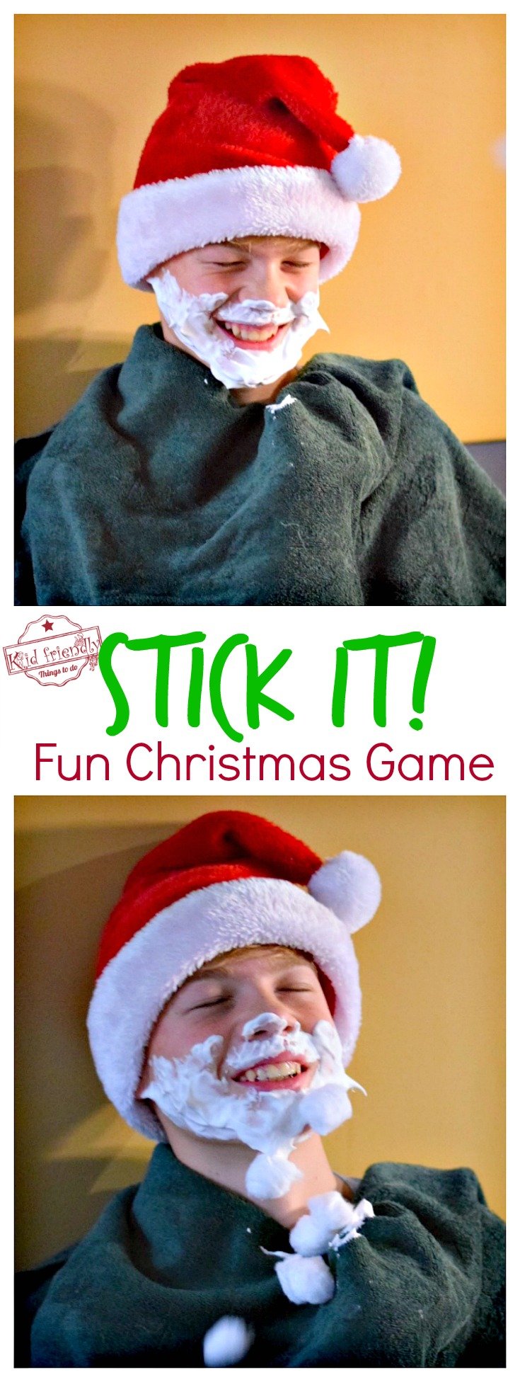 Stick It! A Fun, Cheap and Easy Christmas Game to Play with family, kids, teens and adults - Who can stick the most cotton balls or marshmallows to Santa's beard? Great Minute To Win It game for the whole group! www.kidfriendlythingstodo.com