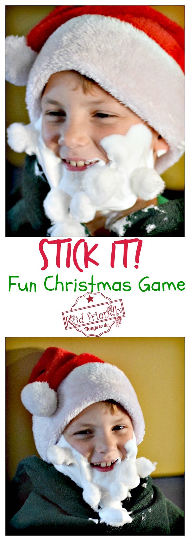 Stick It! A Fun, Cheap and Easy Christmas Game to Play with family, kids, teens and adults - Who can stick the most cotton balls or marshmallows to Santa's beard? Great Minute To Win It game for the whole group! www.kidfriendlythingstodo.com