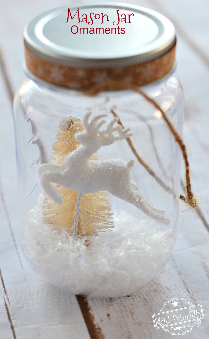 DIY Mason Jar Snow Globes for a Winter or Christmas Craft - OR - Christmas Ornament - Perfect for Christmas parties with kids! So much fun. - www.kidfriendlythingstodo.com