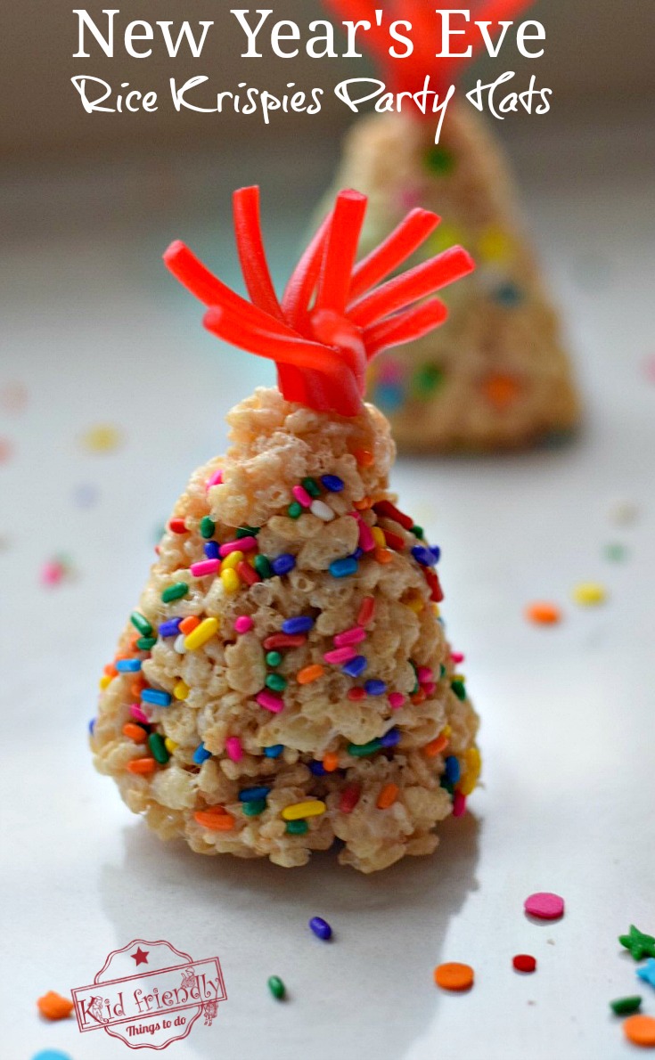 New Year's Eve Rice Krispies Treat Party Hats for a Fun Kid Friendly Treat - Ring in the New Year with these yummy treats - www.kidfriendlythingstodo.com