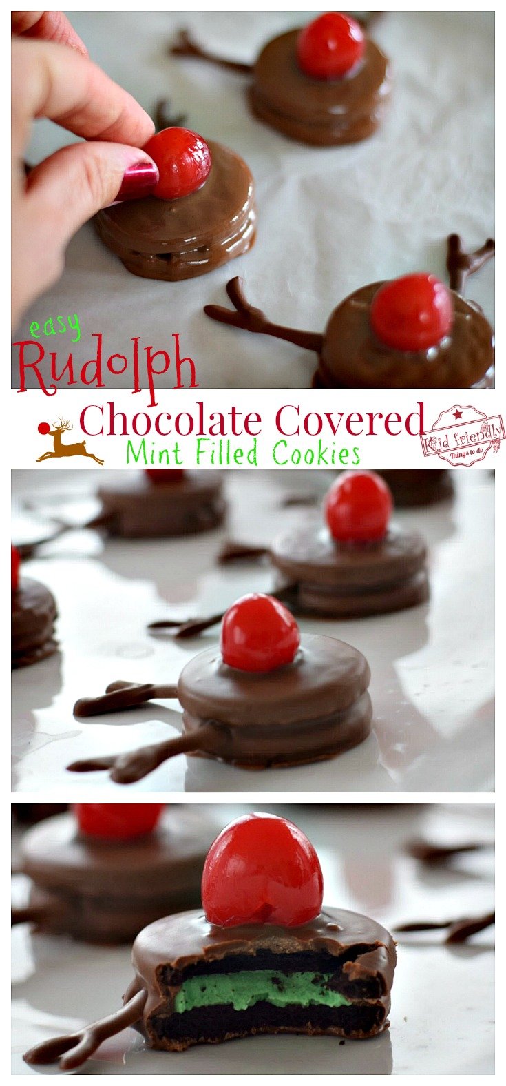 Easy Rudolph Chocolate Covered Mint Stuffed Cookies! - A Cute and Yummy Dessert - Perfect and Simple DIY for Christmas parties or fun food craft with the kids - www.kidfriendlythingstodo.com