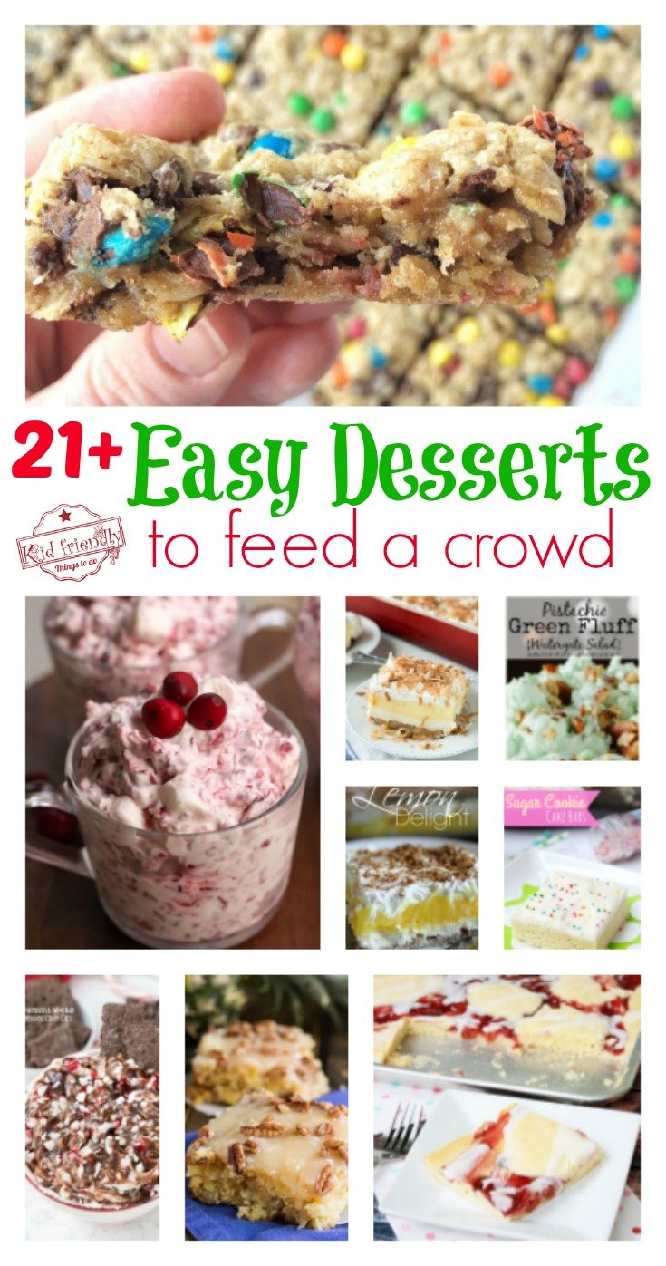 Over 21 Easy Desserts that Will Feed a Crowd - Slab Pies, Sheet Cakes, Bars, Jello Salads, Cream Cheese (Cheesecake) Desserts and More! - Perfect for Christmas, New Years, Super Bowl, Summer Potlucks, Thanksgiving www.kidfriendlythingstodo.com