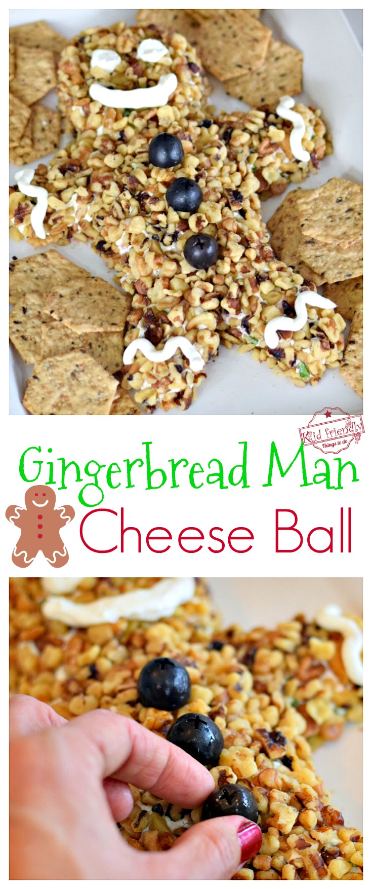 Fun and Easy Gingerbread Christmas Cheese Ball Recipe and Tutorial - Simple to make. Perfect holiday cheese ball with green onions and ham for your holiday parties! www.kidfriendlythingstodo.com 