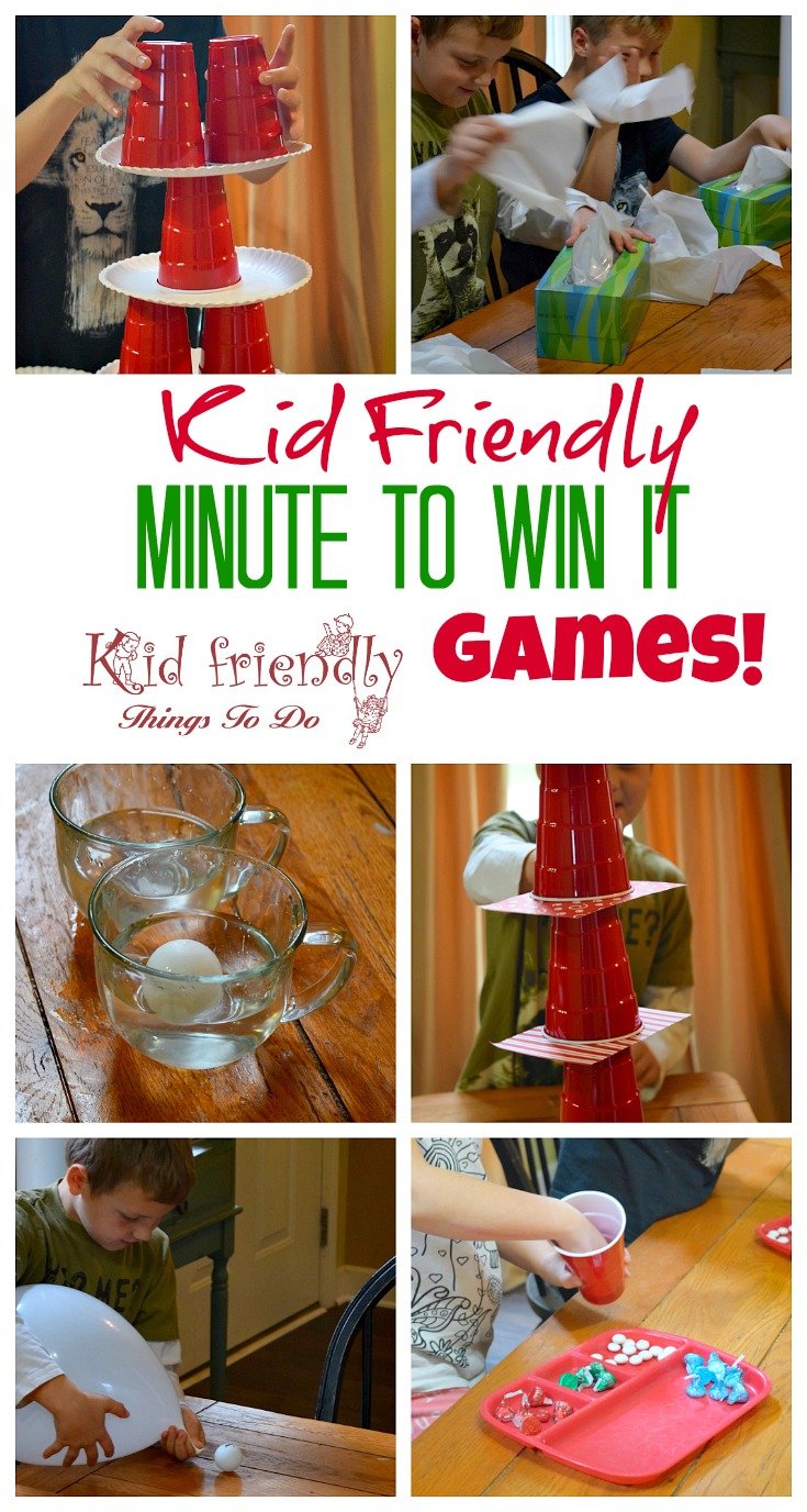 Awesome Minute To Win It Games that are Great for Kids, Teens and Adults - For Your Family Parties! - Perfect for Holiday parties, like Christmas, New Years, Thanksgiving, Halloween and even Summer Parties - www.kidfriendlythingstodo.com
