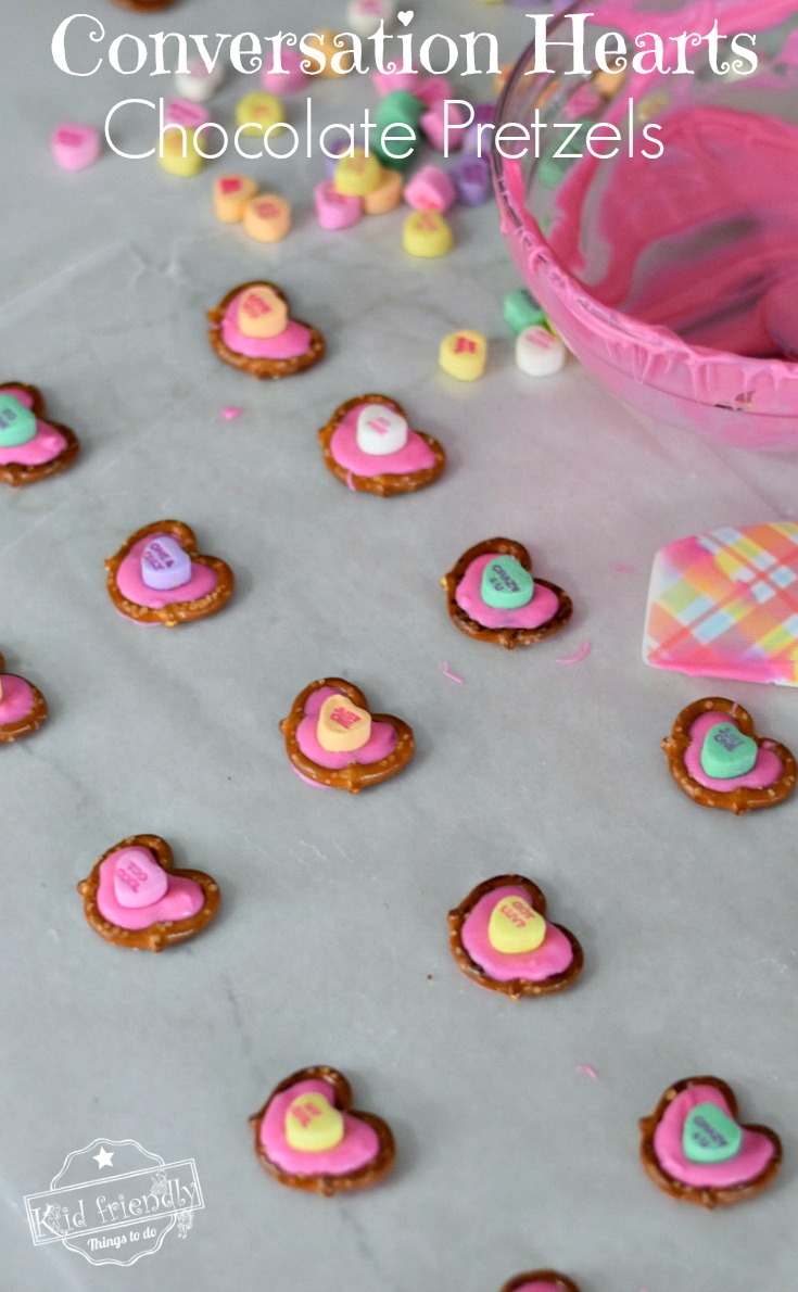 Conversation Hearts Chocolate Pretzels for a Fun Valentine's Treat - Easy to make and so cute! Perfect for parties, snack or dessert! www.kidfriendlythingstodo.com