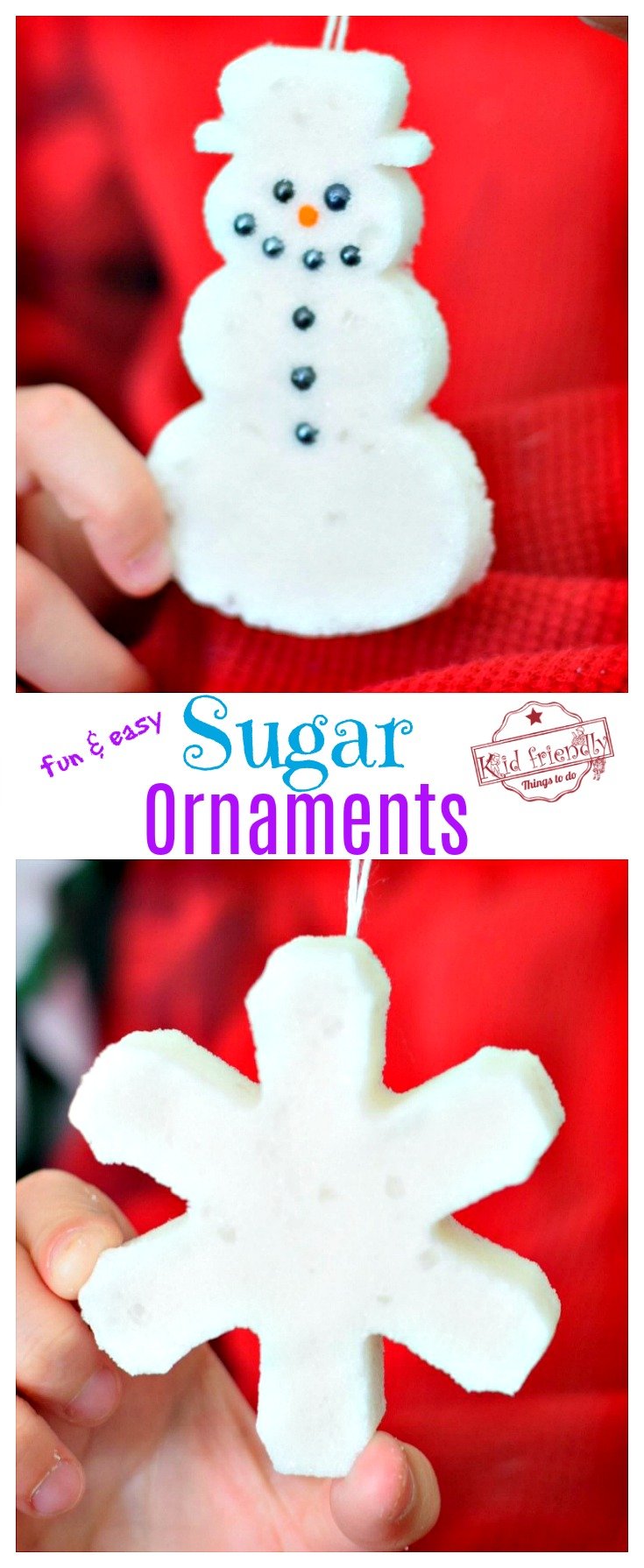 Make Sugar Ornaments With the Kids for a Fun Winter or Christmas Craft - Use cookie cutters to shape a snowflake, snowman Christmas tree and more! perfect for preschool, older kids or adults! www.kidfriendlythingstodo.com