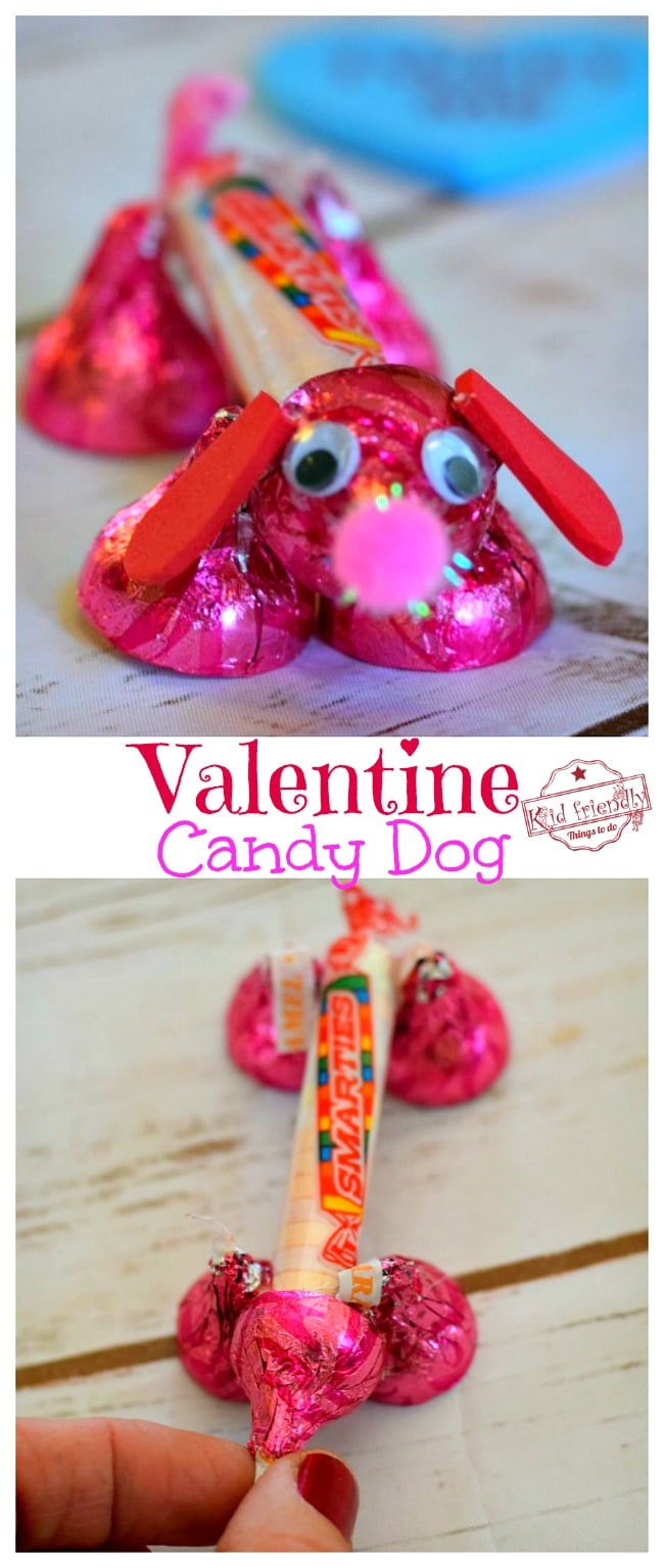 Make a Valentine's Candy Dog for a Fun Kid's Craft and Treat - Easy and Fun to Make! Made from Hershey's Kisses and Smarties Candy. So cute! www.kidfriendlythingstodo.com 