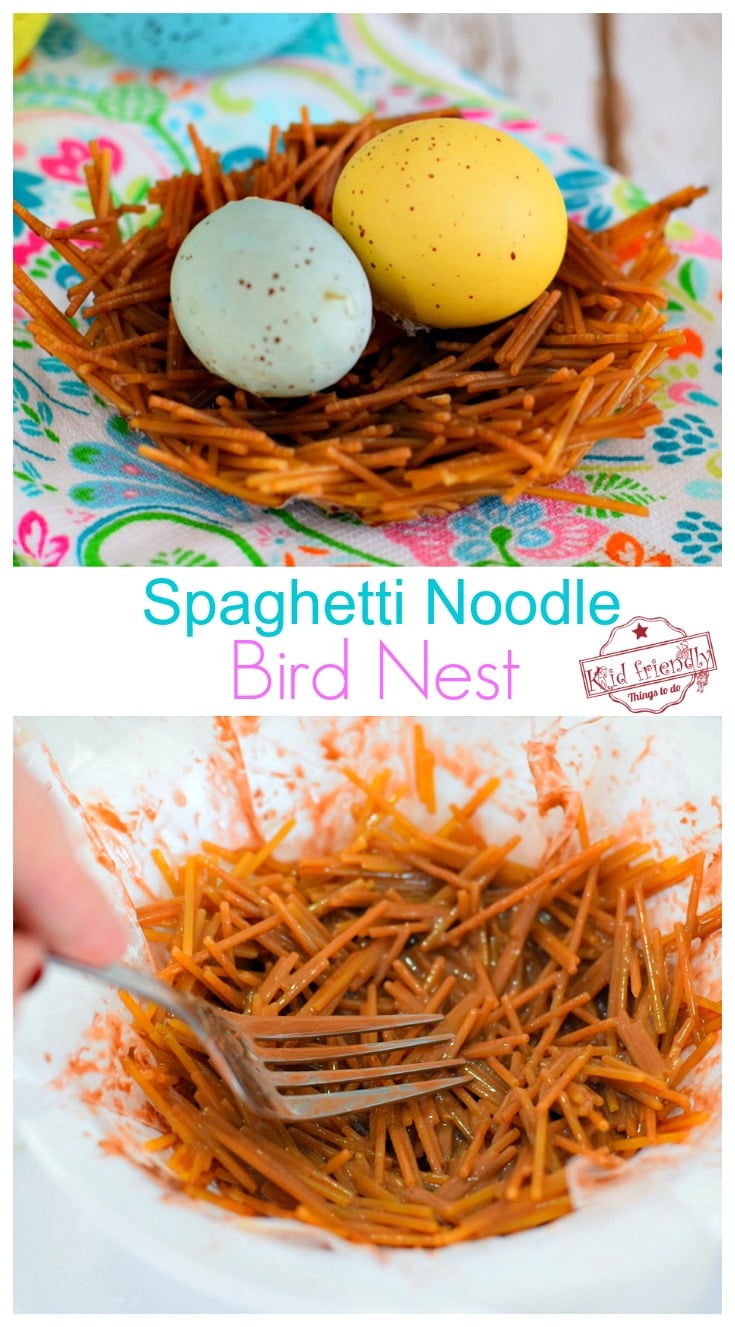 Make a Birds Nest out of Spaghetti noodles. What a fun Spring craft Idea for the kids to make. Cute idea that's Easy enough for toddlers and cool enough for the big kids! www.kidfriendlythingstodo.com 