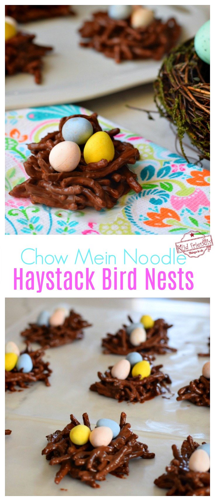 Chocolate and Butterscotch Haystack Cookie Recipe With Chow Mein Noodles Made Into Adorable Bird Nests! These are so easy and so much fun! Perfect treat for Spring, summer or Easter time with the kids! www.kidfriendlythingstodo.com 