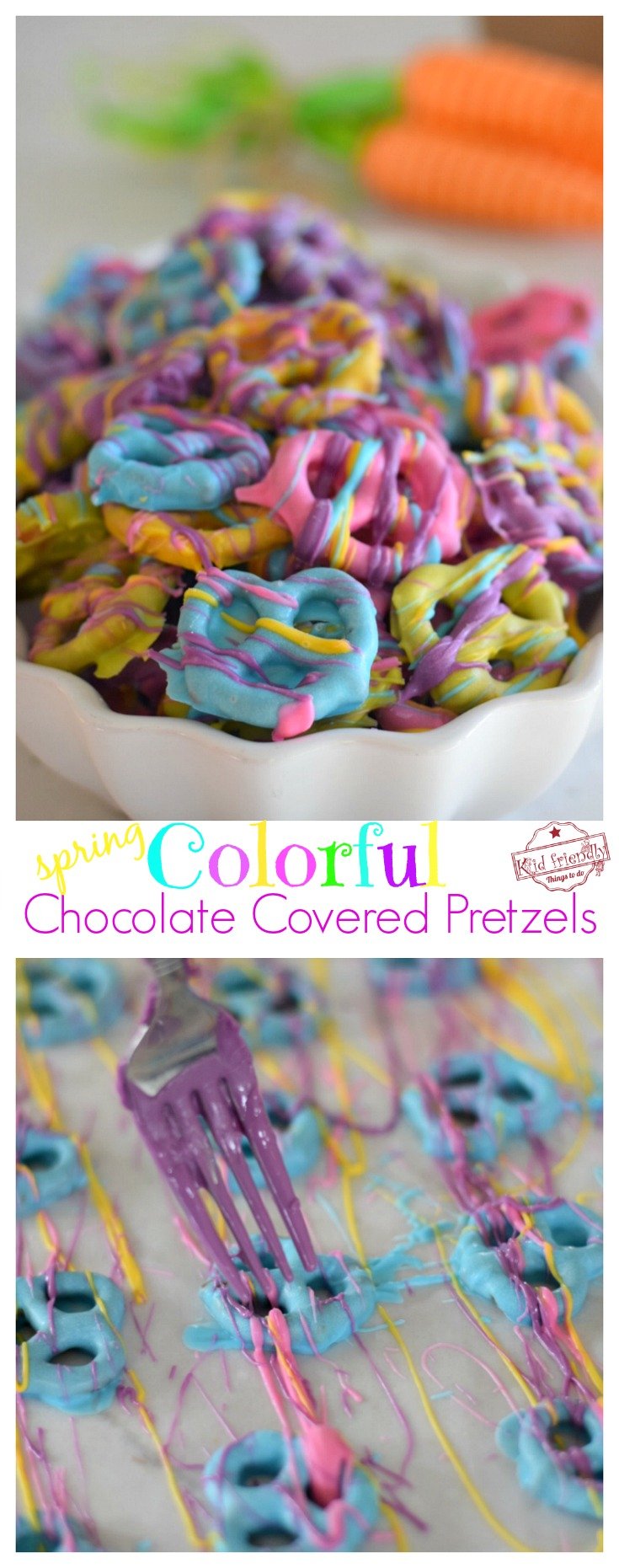 Easy and Colorful Spring Chocolate Covered Pretzel Bite Treats - The perfect salty sweet & yummy treat for Spring, Easter and Mother's Day! White chocolate covered pretzels that are so yummy and fun for the kids to help make and eat - www.kidfriendlythingstodo.com