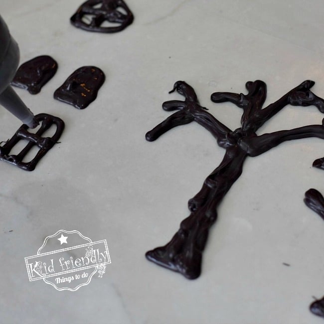 Making chocolate trees and decorations for haunted house 