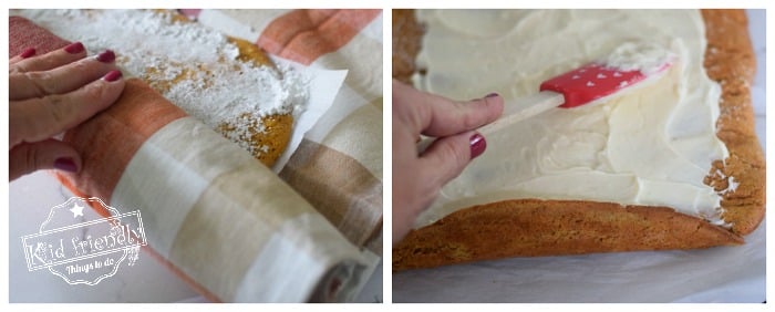Cream cheese filling spread across a cooled pumpkin roll cake.